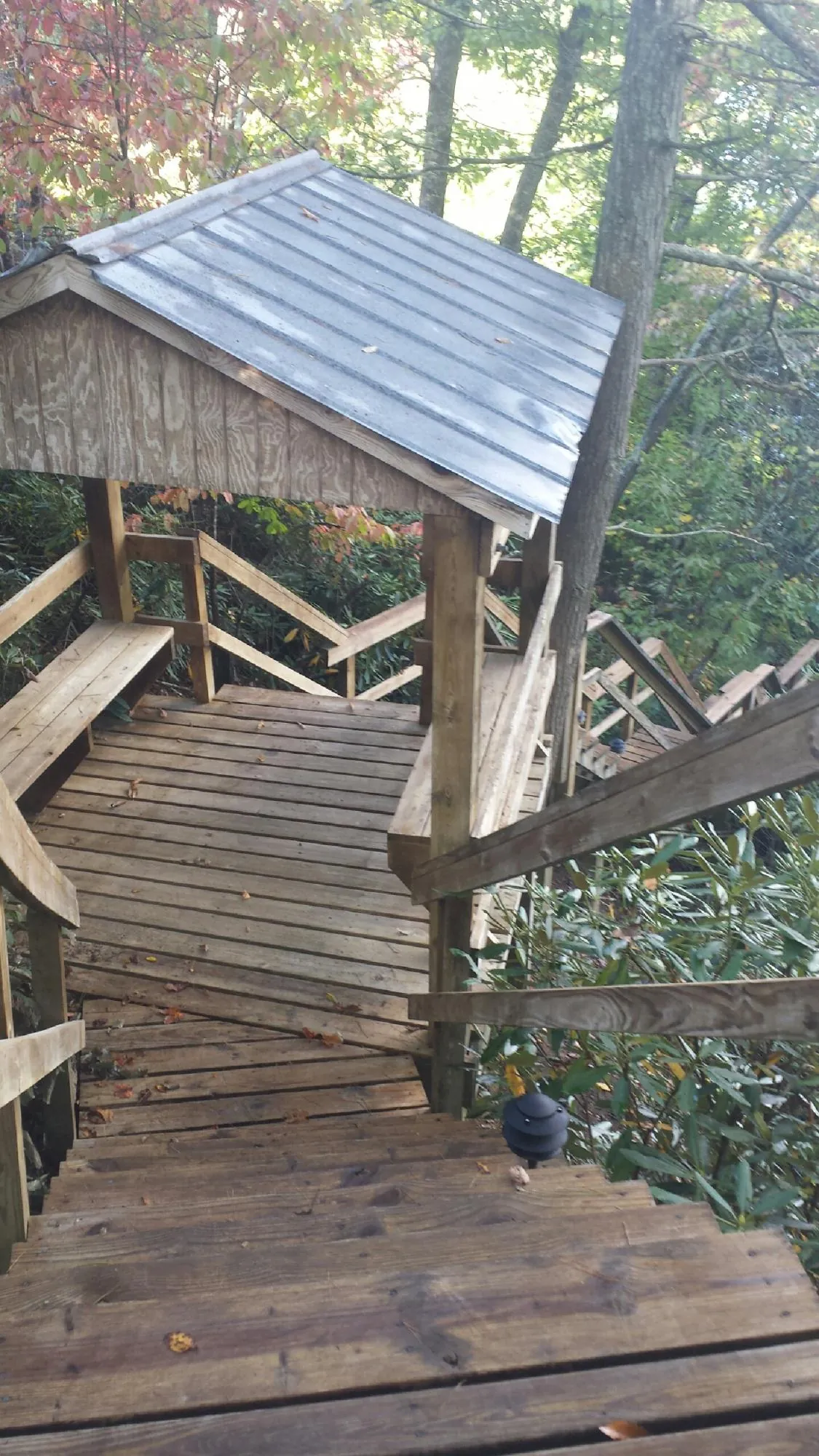 Metal roofed shelter over wooden steps on a wooded walkway — Skylight Repair & Installation work by our crew in Strafford